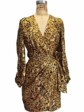 Ba&sh Leopard Print Silk- Blend Ginger Metallic Wrap Dress Size XS